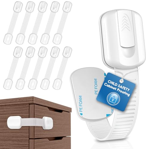 10 Pack Cabinet Locks Baby Proofing, SOGUDE Child Proof Cabinet Locks with Strong Adhesive Child Safety Locks for Refrigerator, Doors, Drawer Locks No Drilling, Cabinet Locks for Babies- White