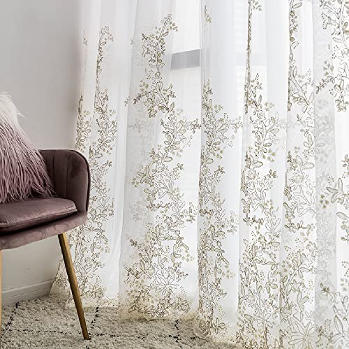 Amidoudou 1 Paar luxuriöse bestickte Tüllvorhänge für Wohnzimmer Hochzeit 3D-Goldblume durchscheinende Vorhänge (weiß, 160 x 248 cm)