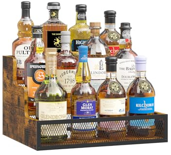 KOKSTOP 3-Tier Liquor Bottle Display Shelf, Rustic Wooden Bottle Holder Stand for Liquor Whiskey Wine Coffee Bottle Display with Fences, Storage Countertop Shelf for Café, Bar, Office Station