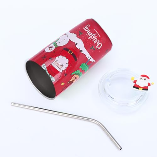 460ML Christmas Travel Mug With Straw - Xmas Stainless Steel Thermal Cup for Coffee, Water - Drinking Tumbler for Party Gifts
