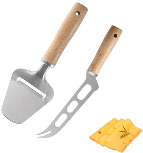 2 Stück Käsemesser, Käsehobel Set, Holzgriff Cheese Slicer, Käsemesser Profi Käseschneider für Weichkäse und Schnittkäse, Multifunktional - Federleicht