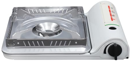 Hornillo de camping portátil con cartucho de gas, cocina de gas butano compacta de aluminio, 1 fuego, estufa de gas Stove con control de llama, pies antideslizantes y asa de transporte (blanco)