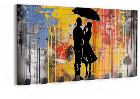 DEQOART Wandgarderobe Glas & Metall | Motiv Städtische Romanze | 60x30 cm | Design Haken-Leiste modern | Garderoben-Paneel für Flur, Wohnzimmer & Schlafzimmer | magnetisch & beschreibbar