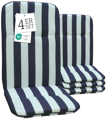 Beo Hochlehner Auflagen Waschbar Capri | Made in EU nach Öko-Tex Standard | Atmungsaktive und UV-beständige Gartenstuhlauflagen Hochlehner mit Halteband | Blau-Weiß gestreifte Auflagen Hochlehner