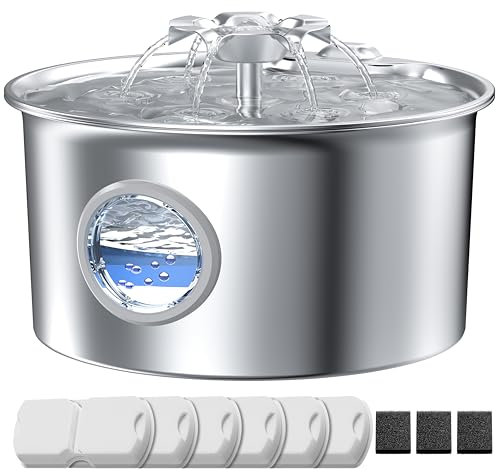 Cat Water Fountain for Drinking: Cat Fountain Stainless Steel - 2.6L Pet Water Dispenser - Pet Bowl with Flower Spout Design - Dog Drinking Bowl with 6 Filters + 3 Foam Filters