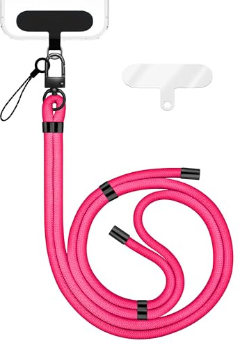 NALIA Universal Handykette für alle Smartphones, Neon Pink, Schwarz Metall | Voluminöses Band liegt weich auf der Haut, Ohne Kleben montiert, Trägt auch Kompaktkamera und Wallet, HOLDME