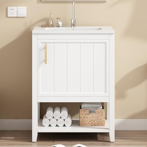 QMTXBYJ Baño moderno,Lavabo con lavabo 60 cm, mueble de baño con puerta y estante abierto,Armario de lavabo con lavabo de cerámica rectangular,Tocador de baño para el hogar