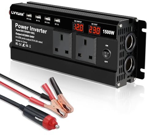 LVYUAN 1500W Power Inverter 12V to 240V AC Car Converter with 3.1A 4 USB 2 AC Sockets Dual Car Adapter With 2 LED Display - Black