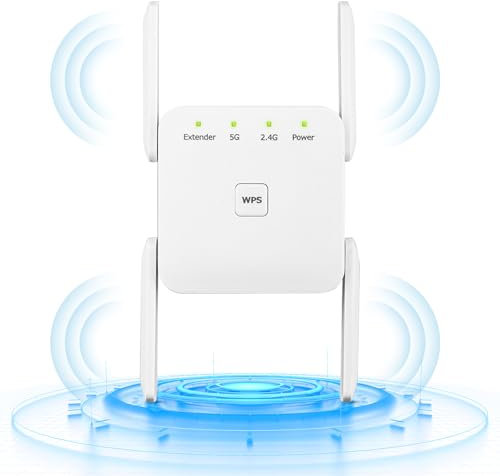 Anluomafuy Ripetitore WIFI 1200Mbps, Amplificatore WiFi Dual Band 2,4GHz e 5GHz con WPS, 4 Antenne Esterne, Extender con Porta Ethernet per Casa e Ufficio, Compatibile con Tutti i Box Internet