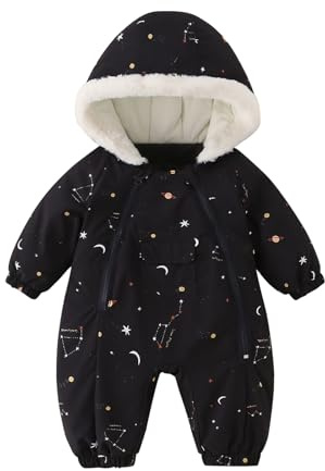 JiAmy Baby vinteroverall, baby pojkar flickor vinter sparkdräkt nyfödd varm overall småbarn vindtät och tjock jumpsuit för 0–24 månader, svart, 6-12 månader