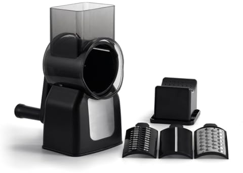 QULINART Râpe à fromage et légumes mandoline rotative en acier inox avec 3 lames interchangeables, trancheuse à tambour manuelle, coupe legumes multifonction, passe au lave-vaisselle - argent/noir