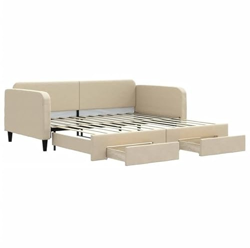 Eleganz Tagesbett Ausziehbar mit Schubladen Creme 100x200 cm – Platzsparendes Bett mit Stauraum für kleine Räume, hochwertiger Stoffbezug für Komfort