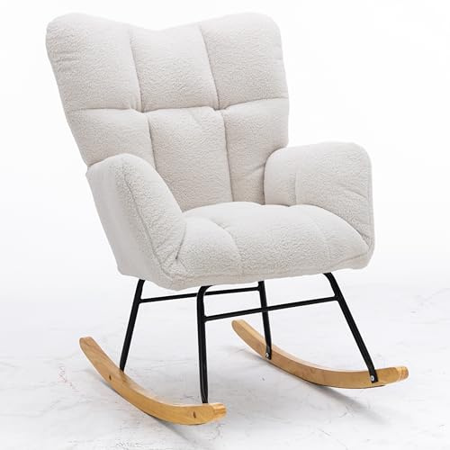 WEALTHOUSE Mid-Century Schaukelstuhl Teddystoff,getuftete Rückenstütze,gepolsterter Sitz,ergonomische Armlehnen,Holz-Kufen,leise Filzgleiter,Wohnzimmer Schlafzimmer Relaxsessel Stillstuhl (Weiß)