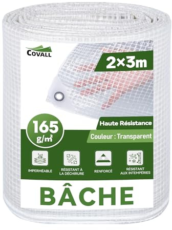 COVALL Bâche Transparente Extérieur 2x3m Dimensions Finies, avec Oeillets, Haute Résistance 165 g/m² Armée, Imperméable, Idéale pour Serre, Jardin, Poulailler et Protection Balcon Contre la Pluie