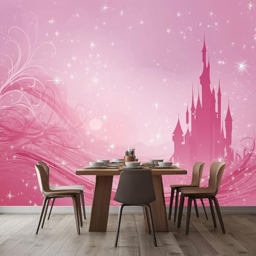 Papel Pintado Panorámico Castillo Rosa Cielo Estrellado 300x210 cm Fotomurales No Tejido, Murales Decoración Póster Pared Personalizado 3D Para Salón Dormitorio
