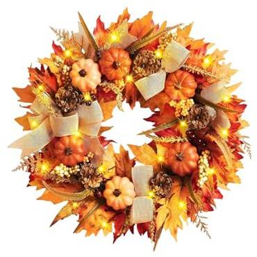 Autumn Wreath Front Door, 45cm/17.7in Fall Wreath For Front Door With Artificial Maple Leaf Pumpkins Pine Cones, Halloween Garland Decorations Thanksgiving Festival Hanging Indoor
