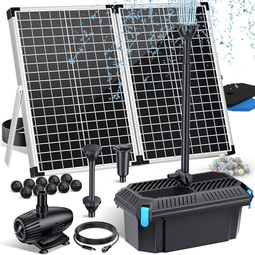 POPOSOAP Filtro solar para estanques de 70 W, fuente con caja de filtro (2500 l/h), caudal ajustable para estanques koi, accesorios de agua de jardín y purificación de agua de vida silvestre