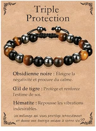 Kenqlot Bracelet Homme,Oeil de Tigre Pierre Obsidienne Hématite Naturelle Bracelet - Triple Protection Bijou Énergétique Porte Bonheur pour Homme Fils Frère Anniversaire Noël Fête des Pères