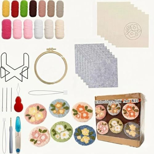 Zbozzba 6-teiliges punch needle set, punch needle, Stickset für Anfänger, Sticken Set Erwachsene mit Motiven, Garn, Stickrahmen, Anleitung und Halter, für DIY Kunst Handwerk,Kreuzstich