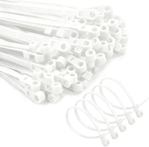 200 bridas blancas de 4 x 200 mm con agujero para tornillo, bridas fijas de nailon reutilizables, bridas de cuerda autobloqueantes, anillos de fijación, almacenamiento de oficina y correas de