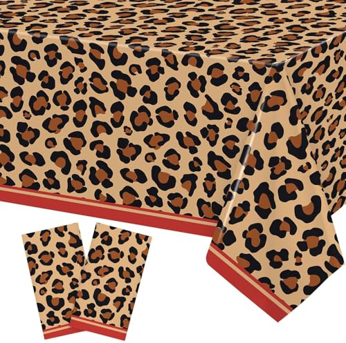 Heboland Mantel con estampado de leopardo rojo, 137 x 274 cm, paquete de 2 | Mantel rectangular grande de plástico con diseño de guepardo rojo cereza, decoración temática salvaje