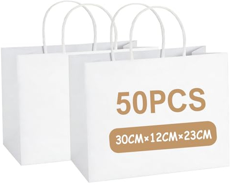 Gaoyong 50 Stück Papiertüten Weiß 30x12x23cm Papiertasche mit Henkel | Geschenktaschen Paper Shopping Bags zum Einkaufen, DIY Basteln, Geburtstag (Mittlere Größe,130GMS)