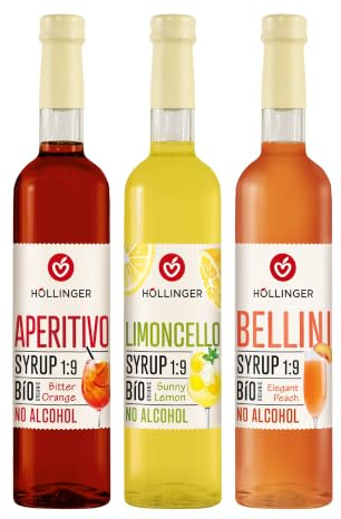 HÖLLINGER Sirops Viva Italia Cocktail Bio Sans Alcool, Pack de 3 Saveurs (Limoncello, Aperitivo, Bellini), 3x500ml, Concentré 1:9