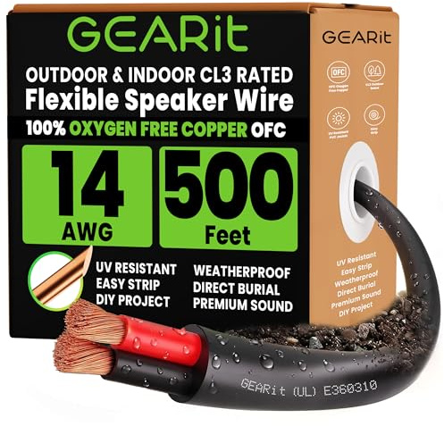 GEARit Speaker Cable 2x2.5mm² OFC 152.4 Meter/500 Feet,UL CL3 Rated 14 AWG Wire,Copper Wire with Polarity Mark,Audio Cable for in-Wall,Home,Car,Outdoor,Garden,Commercial Audio Systems,OFC(Black)