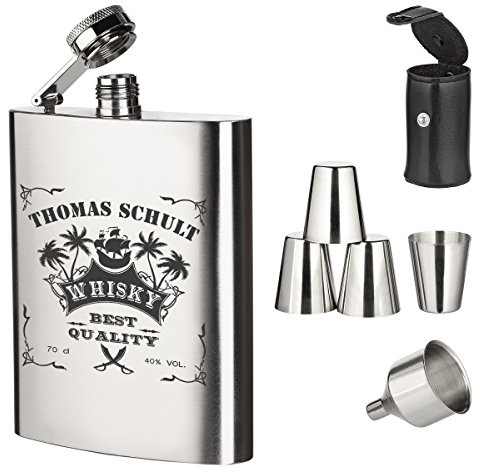 polar-effekt 7-TLG. Edelstahl Flachmann Geschenk-Set mit Personalisierte Gravur - Schnapsflasche 195ml mit Trichter und 4 Becher - Geschenkidee für Männer - Motiv Piratenschiff