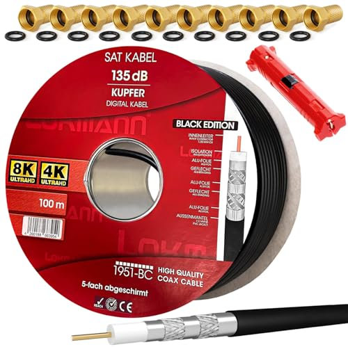 hb-digital Set 100m de câble coaxial SAT 135db Noir + 10x F-Plug plaqué or + 1x Wire Stripper | CU Pure Copper Satellite Antenna Cable 5-Fold Shielded for DVB-S/S2 -C/C2 -T/T2 DAB+ Radio Systems