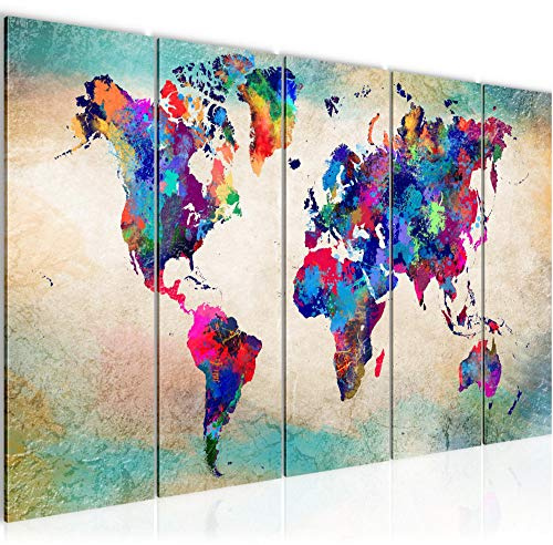 Runa Art Väggmålning XXL Världskarta 200 x 80 cm Färgrik 5 Delar - Made in Germany - 013355a
