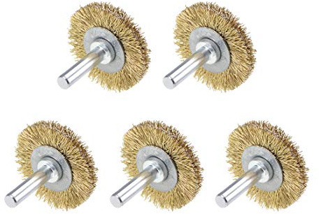 sourcing map 1-1/2-Inch Wire Wheel Brush Bench Brass Plated Crimped Steel 1/4-Inch Shank 5Pcs