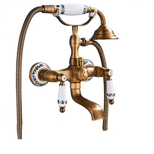 Robinet De Baignoire, Mitigeur Douche Montage Mural Avec Douche À Main, Mitigeur De Baignoire Double Poignée Laiton Avec Support Et Flexible 150Cm, Pour Salle De Bains, Finition Laiton Antique