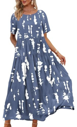 YESNO Women Short Sleeve Boho Summer Maxi Dress with Pockets XL EJFUK CR147