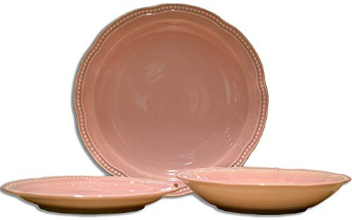 EME Mobiliario Vajilla Florencia Color Rosa Formada por 18 Piezas: 6 Platos Hondos, 6 Platos Llanos y 6 Platos Postre. Fabricada en gres vitrificado con esmalte brillante.