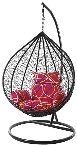 KIDEO Komplettset: großer Hängesessel mit Gestell & Kissen, Korbsessel, Poly-Rattan (Korb & Gestell: schwarz, Kissen: pink/Gemustert Nest (3021_be_Abstract))