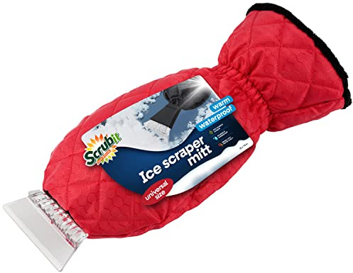 SCRUBIT Ice Scraper with Glove - Car Windshield Scraper for Ice and Snow w/Fleece Mitt - Quickly Scrape and Remove Snow While Staying Warm - Waterproof & Windproof - Car Scraper Snow Brush (Red)