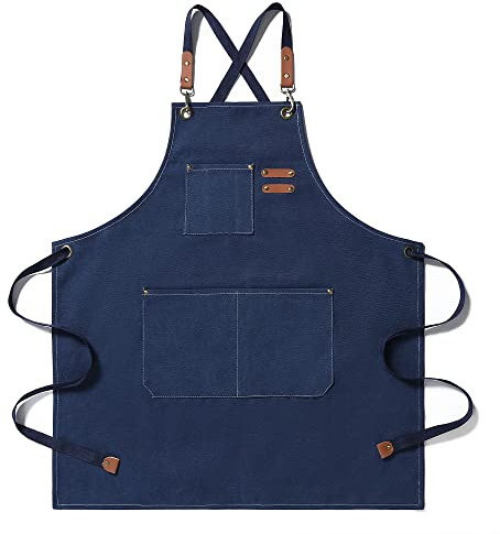 EWIZ Schürze aus Baumwollleinen, verstellbare Träger mit drei Taschen, für Männer und Frauen, Koch, Künstler, Bäcker, Barista, Barkeeper