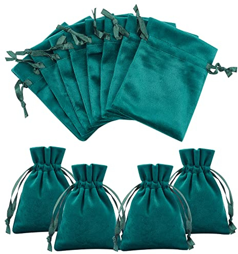 NBEADS 12 Stück Dunkelgrüne Samt beutel, 12x9 cm Kordelzug Schmuckbeutel Rechteckig Geschenktüten Für Hochzeit Süßigkeitentüten Gastgeschenke