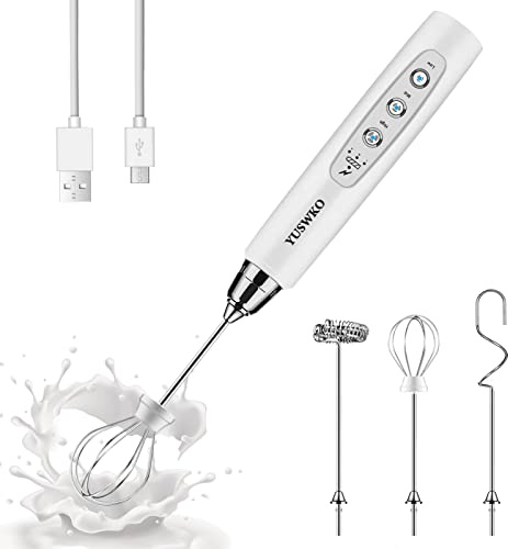 YUSWKO Mousseur à lait portatif blanc pour café, fouet électrique rechargeable avec 3 têtes et 3 vitesses, mousseur à café pour latte, cappuccino, chocolat chaud, œuf