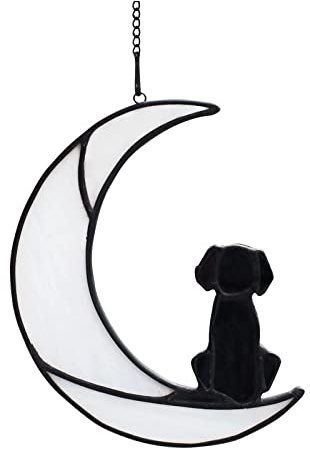 Stained Glass Dog on Moon Window Hanging Decoration, Sun Catcher for Window Panels Halloween Ornaments, Garden Suncatcher Gifts Dog Memorial Gifts for Pet Loss Gifts