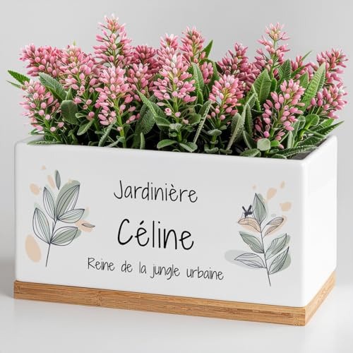 Maverton Pot de Fleur Personnalisable | Pot en céramique + Soucoupe en Bambou, décoration Maison, pour Femme, Accessoire pour Maman, avec Impression, jardinière