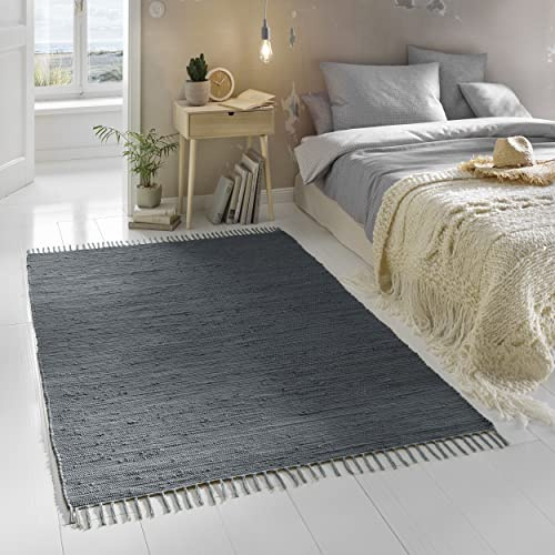 TacaHome Flicken-Teppich 100% Baumwolle I Waschbarer Fleckerl mit Fransen I Esszimmer Küche Badezimmer Wohnzimmer Kinderzimmer | 90 x 160 cm Anthrazit