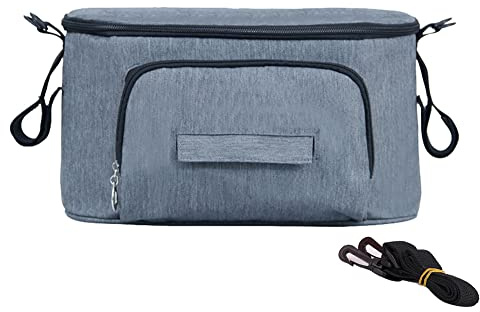 Tomotato Kinderwagen Organizer, Universelle Kinderwagen Aufbewahrungstasche mit Mehreren Taschen, Großer Kapazität Kinderwagentasche Buggy für Windeln Handys(Grau mit Riemen)
