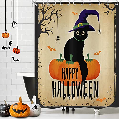 Hnmdmyi Cortina de Ducha Halloween 165x180, Divertido Gato Negro Araña Árbol Muerto Naranja Calabaza Cortina de Baño Niños Halloween Tema Fiesta Vacaciones Impermeable Tela Lavable Cortina de Baño