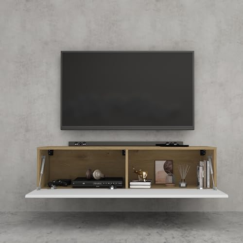 doporro TV Lowboard Schrank mit Gasdruckfedern Fernsehschrank hängend | TV Board mit Klapptür, viel Stauraum, Wand Fernsehtisch in Kerneiche und Matt Weiß, Breite: 120 cm, Fernsehschrank02