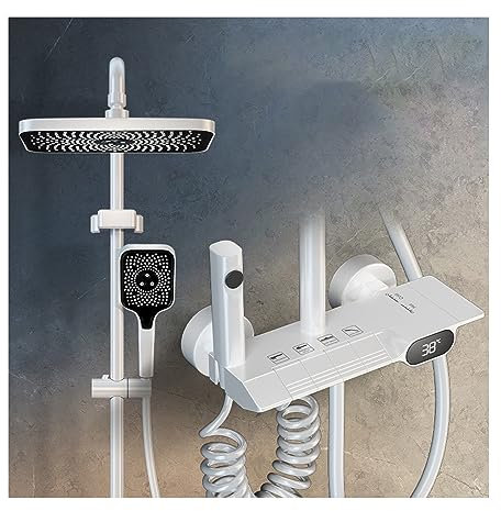 Thermostatisches Duscharmatur-Set, Wasserfall-Badewannen-Duscharmatur, Regenduschkombination Mit Regenduschkopf, 3-Modus-Handbrause, Wannenauslauf, Bidet-Wasserhahn,Weiß