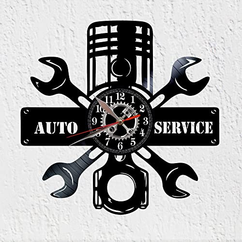 VINY WOODY Auto Service Reloj de Disco de Vinilo Taller de Coches Taller de Motos Decoracion de Pared