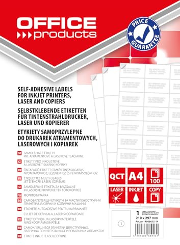 OFFICE PRODUCTS Etiketten Selbstklebend / 210 x 297 mm/ 100 Blatt A4 / Weiß/Günstige, Wirtschaftliche Selbstklebeetiketten/Adressaufkleber Bedruckbar Adressetiketten Klebeetiketten