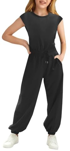 Haloumoning Tenue en une pièce pour fille par enfants, à la mode, pantalons longs, pour filles, d'été, à manches courtes, décontractée, pour sport, Noir , 8-10 ans